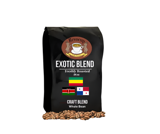 A bag of Revocup Exotic Blend coffee beans with a label indicating it is a freshly roasted, craft blend. The bag is accompanied by an illustration of coffee beans and flags of Ethiopia, Kenya, and Panama.