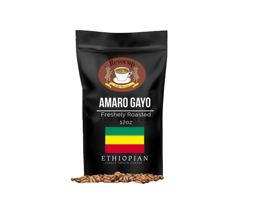 Revocup Coffee Roasters Amaro Gayo Ethiopian Single-Origin Coffee – 12oz bag, freshly roasted, featuring the Ethiopian flag and Revocup logo on black packaging