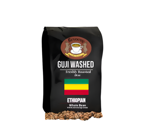 Revocup Coffee Roasters Guji Washed Ethiopian Whole Bean Coffee – 24oz bag, freshly roasted, featuring the Ethiopian flag and Revocup logo on black packaging.