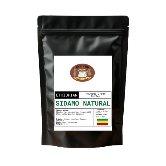 Black coffee packaging with a label  of Revocup Ethiopia Sidamo Natural Green Coffee on a white background