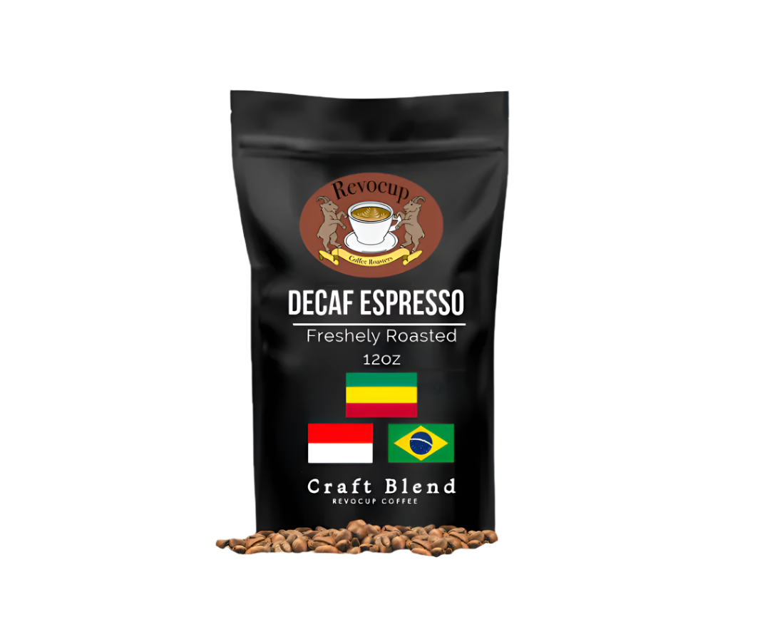 A package of Revocup Decaf Espresso with a side display of coffee beans. The packaging is black with the brand's logo, product name, and flags indicating the coffee's origin.