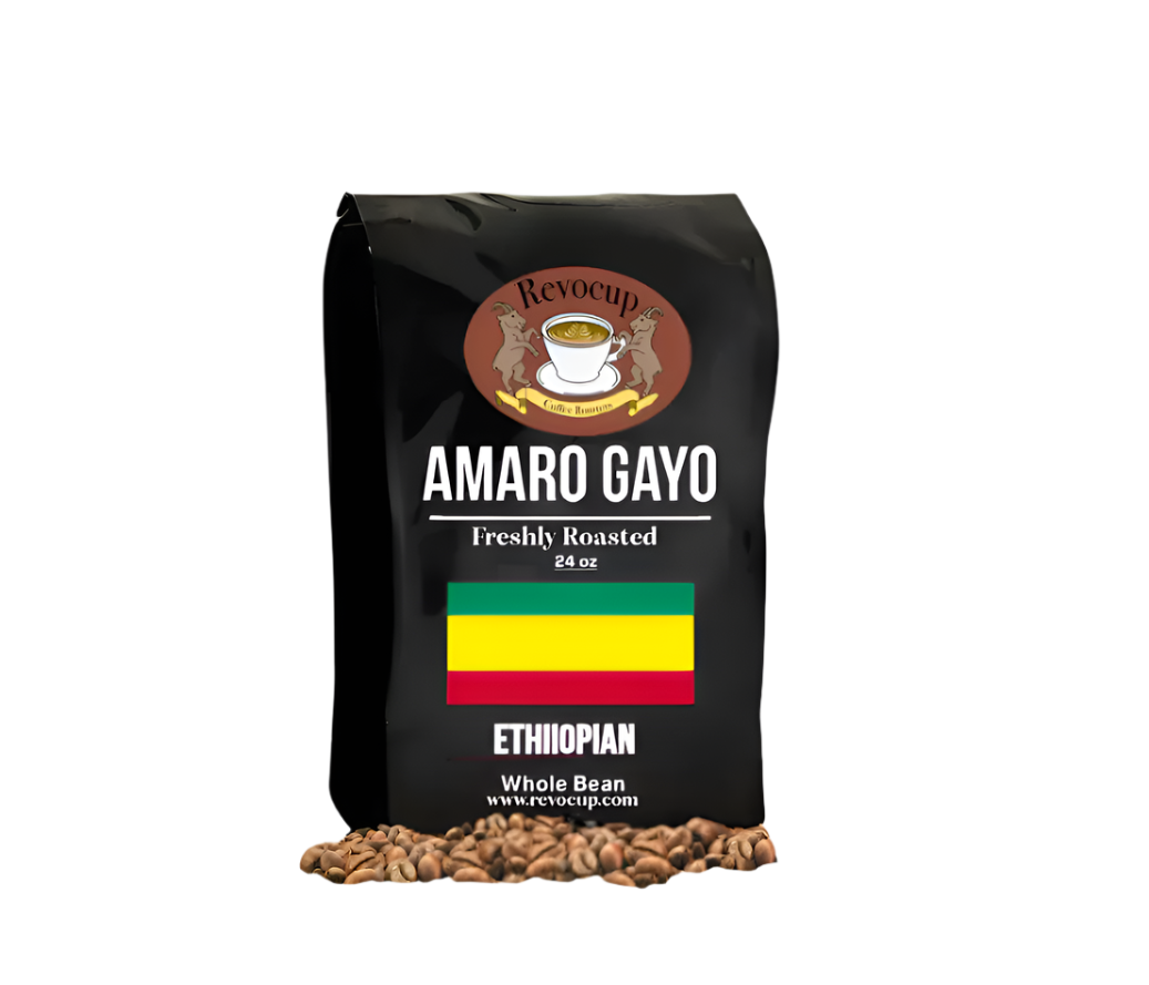 A package of Revocup Ethiopian Amaro Gayo coffee, 24oz, with a graphic of coffee beans in front of the package.