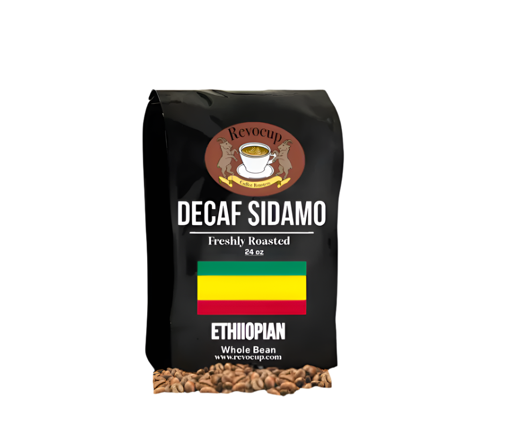 A package of Revocup Ethiopian Decaf Sidamo coffee, 24oz, with a graphic of a coffee bean and the Ethiopian flag