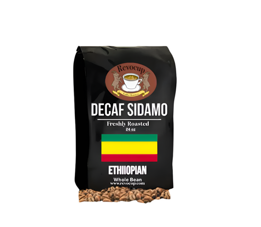 A package of Revocup Ethiopian Decaf Sidamo coffee, 24oz, with a graphic of a coffee bean and the Ethiopian flag