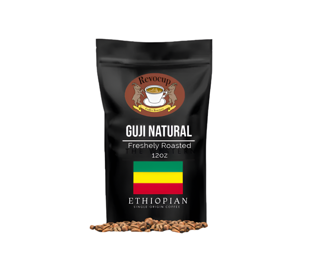 A package of Revocup Ethiopian Guji Natural coffee with a graphic of coffee beans in front and the Ethiopian flag below.