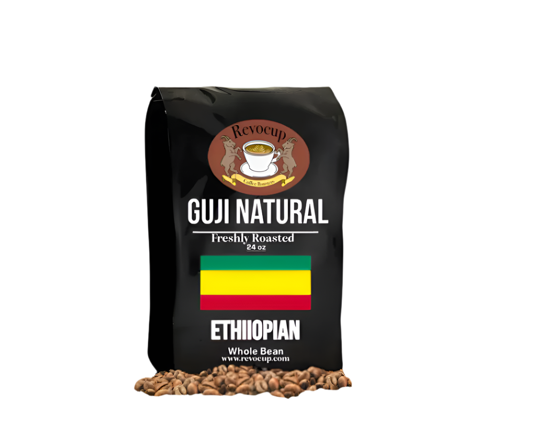 A package of Revocup Ethiopian Guji Natural coffee, showing a bag with a graphic of a coffee bean and the Ethiopian flag colors.