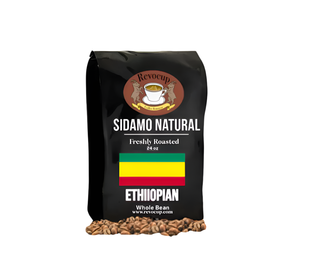 A package of Revocup Ethiopian Sidamo Natural coffee, 24oz, with a depiction of coffee beans in front and the Ethiopian flag in the background.