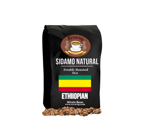 A package of Revocup Ethiopian Sidamo Natural coffee, 24oz, with a depiction of coffee beans in front and the Ethiopian flag in the background.