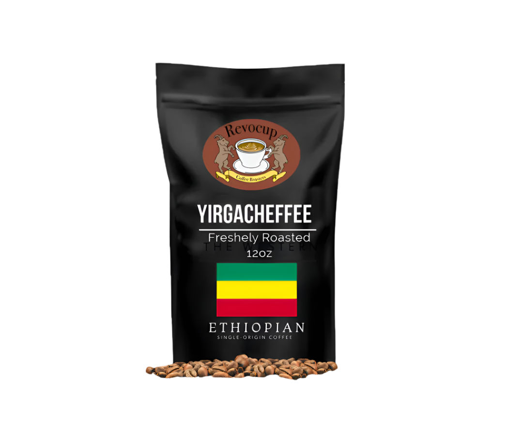 A package of Revocup Ethiopian Yirgacheffee, indicating it is freshly roasted, with an image of coffee beans in front, and the Ethiopian flag colors in the background.