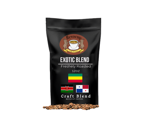 A bag of Revocup Exotic Blend coffee with a12oz label, featuring images of Ethiopia, Kenya, and Panama flags and coffee beans in front.