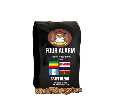 A bag of Revocup Four Alarm Craft Blend coffee with a label showing the product name and an illustration of coffee beans. The packaging is predominantly black.