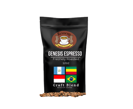 A package of Revocup Genesis Espresso Blend, featuring a black background with coffee beans in front and the product name and weight (12oz) indicated. Flags of different countries are also visible, representing the coffee's origin.