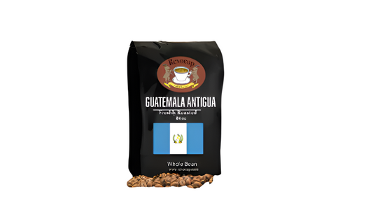 A package of Revocup Guatemala Antigua coffee, displaying the coffee bag with the name and a graphic of a flag, along with a small image of coffee beans below.