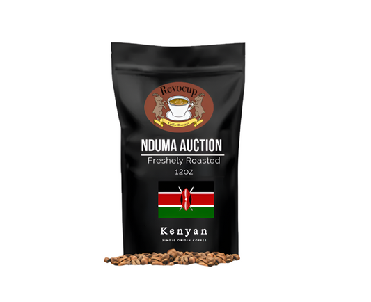 A package of Revocup Kenya Nduma Auction Lot coffee, featuring a black background with a graphic of a coffee bean, the Kenyan flag, and text indicating the coffee is freshly roasted, 12oz, and from Kenya.