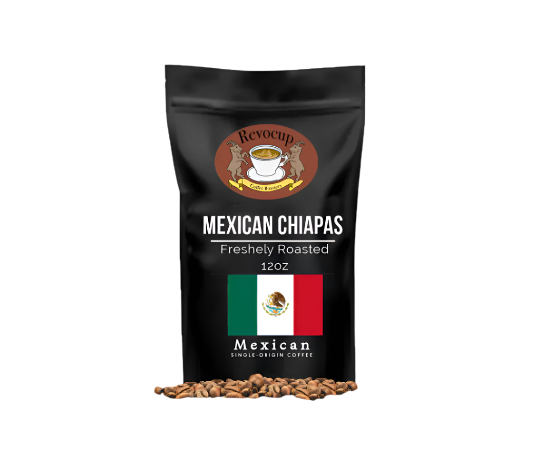 A package of Revocup Mexican Chiapas coffee beans with a label showing the product name and the Mexican flag.