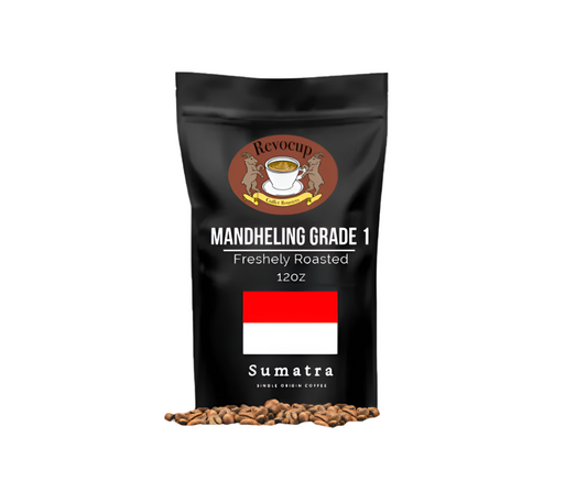 A package of Revocup Sumatra Mandheling Grade 1 coffee, showing a bag with a graphic of a coffee bean and the Indonesian flag, indicating the origin of the coffee.