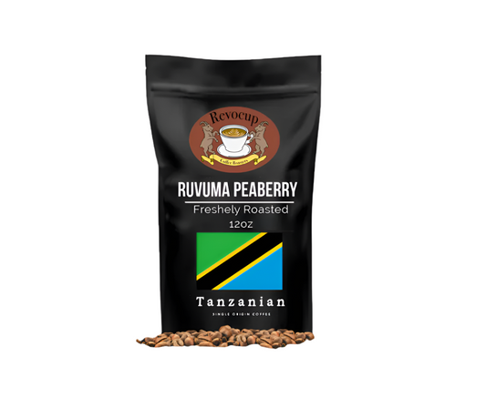 A package of Revocup Tanzania Ruvuma Peaberry coffee, showing a bag with a graphic of a Tanzanian flag and coffee beans in front.