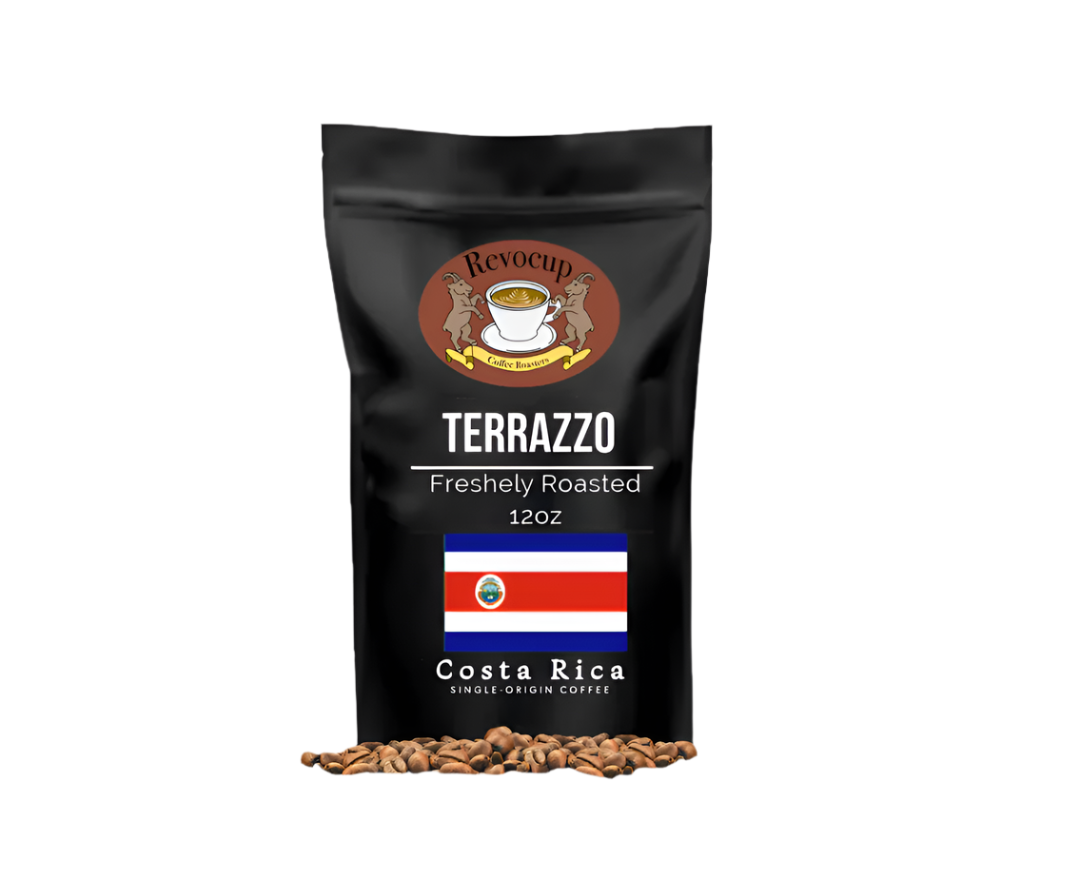 A package of Revocup coffee, labeled 'Terrazzo', featuring a graphic of a coffee bean and the flag of Costa Rica, indicating the source of the coffee.
