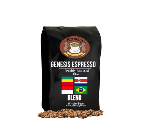 Revocup Genesis Espresso coffee 24 oz bag featuring a blend of Ethiopian, Costa Rican, Guatemalan, and Brazilian beans.