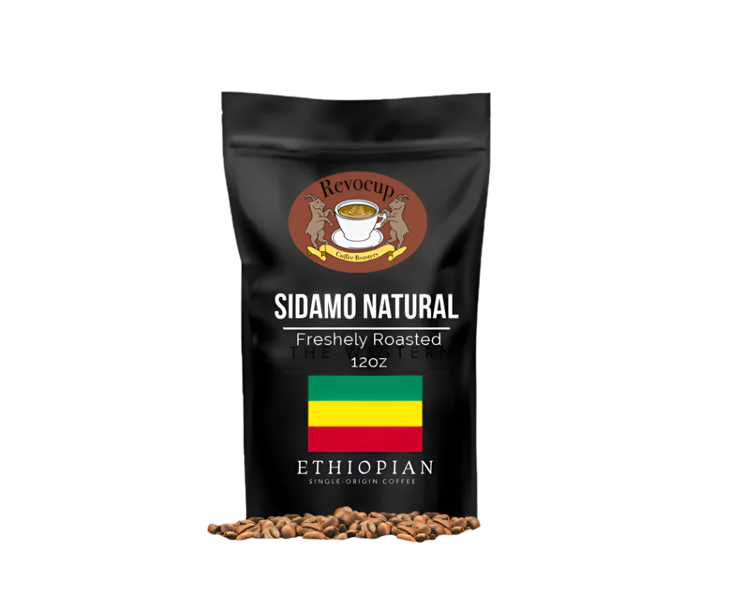 Coffee package labeled 'Sidamo Natural' with coffee beans on a gray background