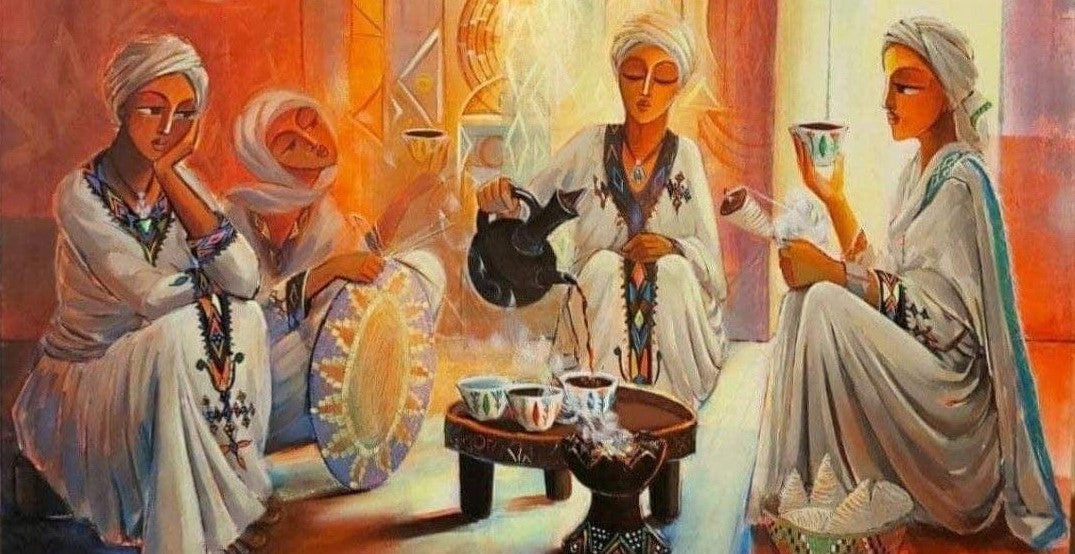 A vibrant painting of an Ethiopian cultural ceremony, depicting four women in traditional white habesha kemis. One pours coffee from a jebena, another fans roasting beans, with steam rising from the cups amid cultural patterns.