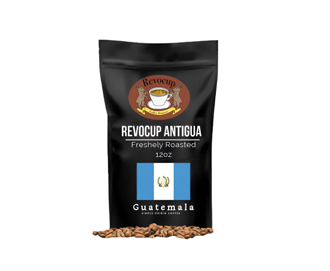 A package of Revocup Guatemala Antigua coffee, 12oz, with a depiction of coffee beans in front and the Guatemalan flag.