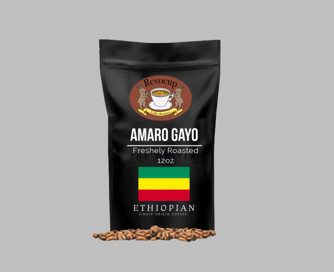 Revocup Coffee Roasters Amaro Gayo Ethiopian Single-Origin Coffee – 12oz bag, freshly roasted, featuring the Ethiopian flag and Revocup logo on black packaging