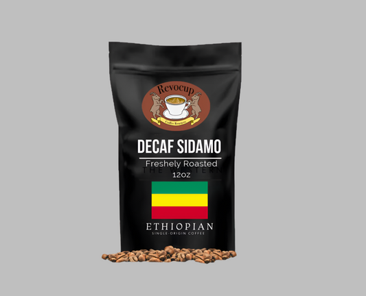 Revocup Coffee Roasters Decaf Sidamo Ethiopian Single-Origin Coffee – 12oz bag, freshly roasted, featuring the Ethiopian flag and Revocup logo on black packaging.