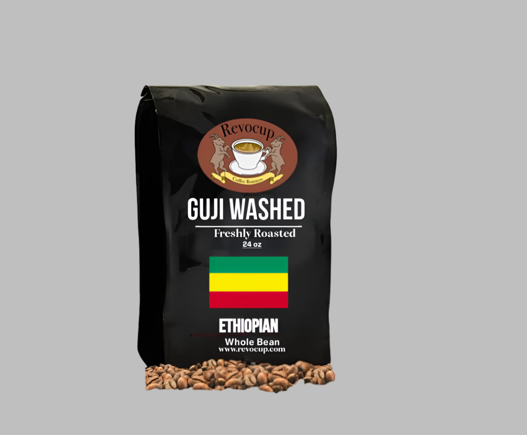 Revocup Coffee Roasters Guji Washed Ethiopian Whole Bean Coffee – 24oz bag, freshly roasted, featuring the Ethiopian flag and Revocup logo on black packaging.