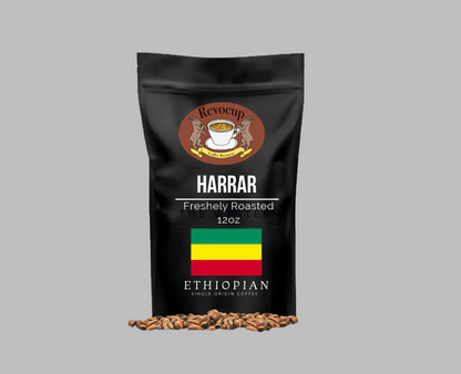 Revocup Coffee Roasters Harrar Ethiopian Single-Origin Coffee – 12oz bag, freshly roasted, featuring the Ethiopian flag and Revocup logo on black packaging