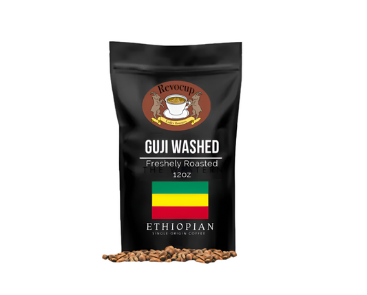 A packaged bag of Revocup Ethiopian Guji Washed coffee with a graphic of coffee beans in front, indicating a 12oz product.