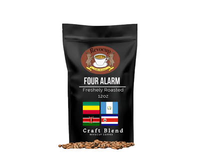 A package of Revocup Four Alarm Craft Blend coffee in a black bag with a transparent section showing coffee beans, alongside national flags of Ethiopia, Kenya, Costa Rica, and Guatemala.