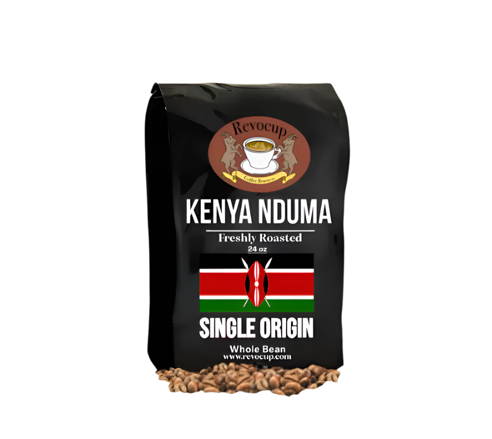 A black bag of Revocup Kenya Nduma Single Origin Whole Bean coffee, 24 oz, stands upright on a pile of roasted coffee beans. 